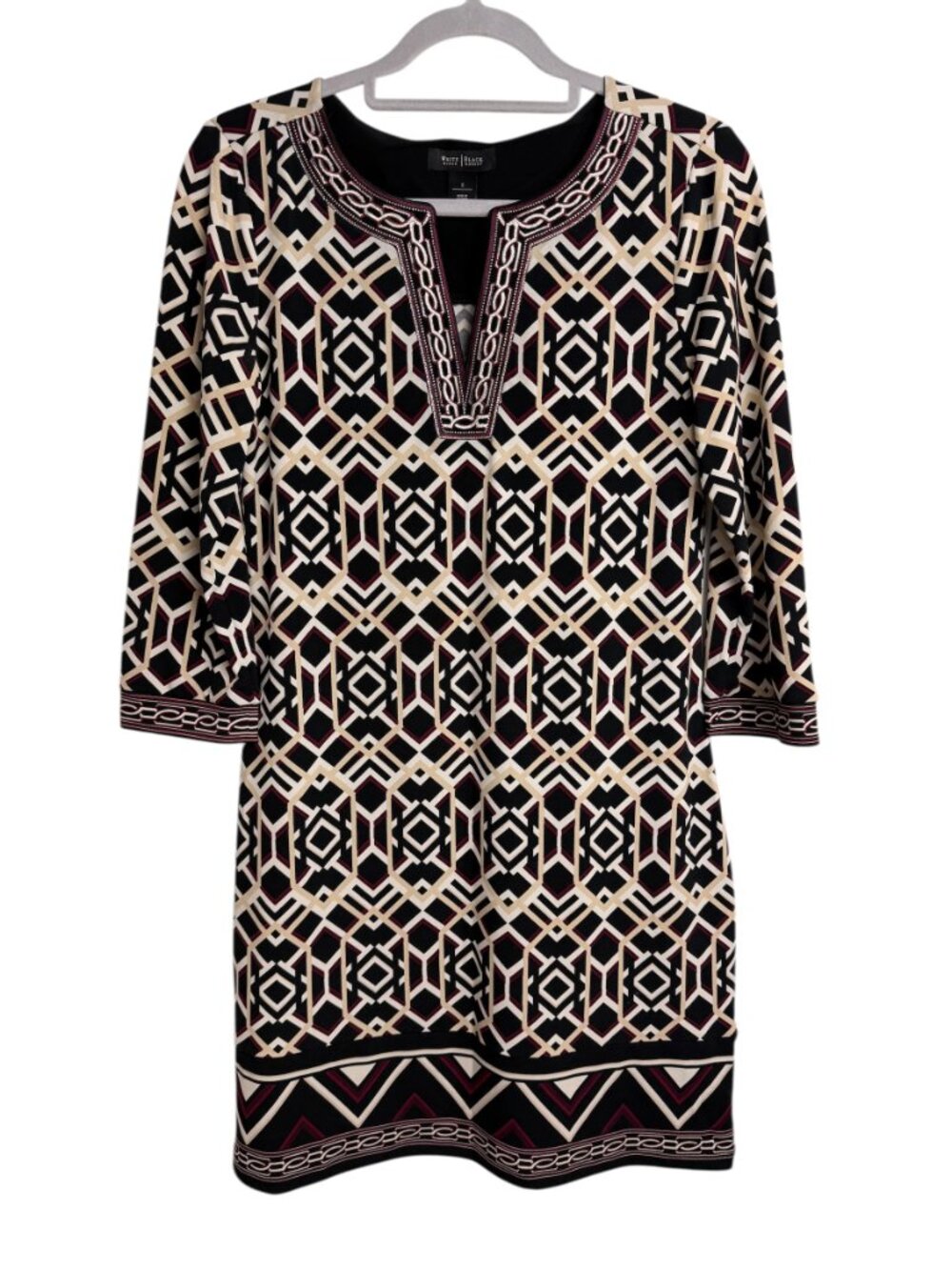 White House Black Market Geometric Print Dress S Embroidered Notch Neck